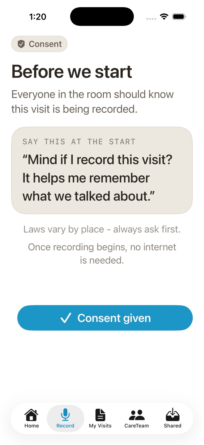 BastCare Build 51 consent screen asking the user to confirm that everyone knows the visit is being recorded