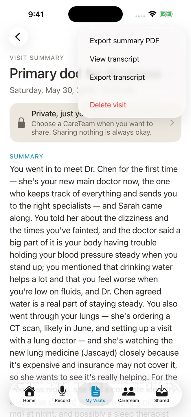BastCare 1.0.9 visit detail with controls to view or export the original transcript