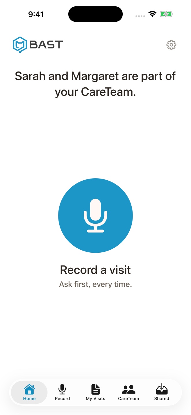 BastCare 1.0.9 home screen with refreshed navigation and private visits