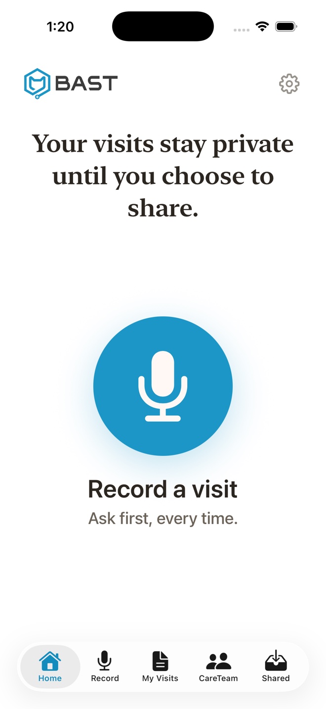 BastCare Build 51 home screen stating that visits stay private until the user chooses to share