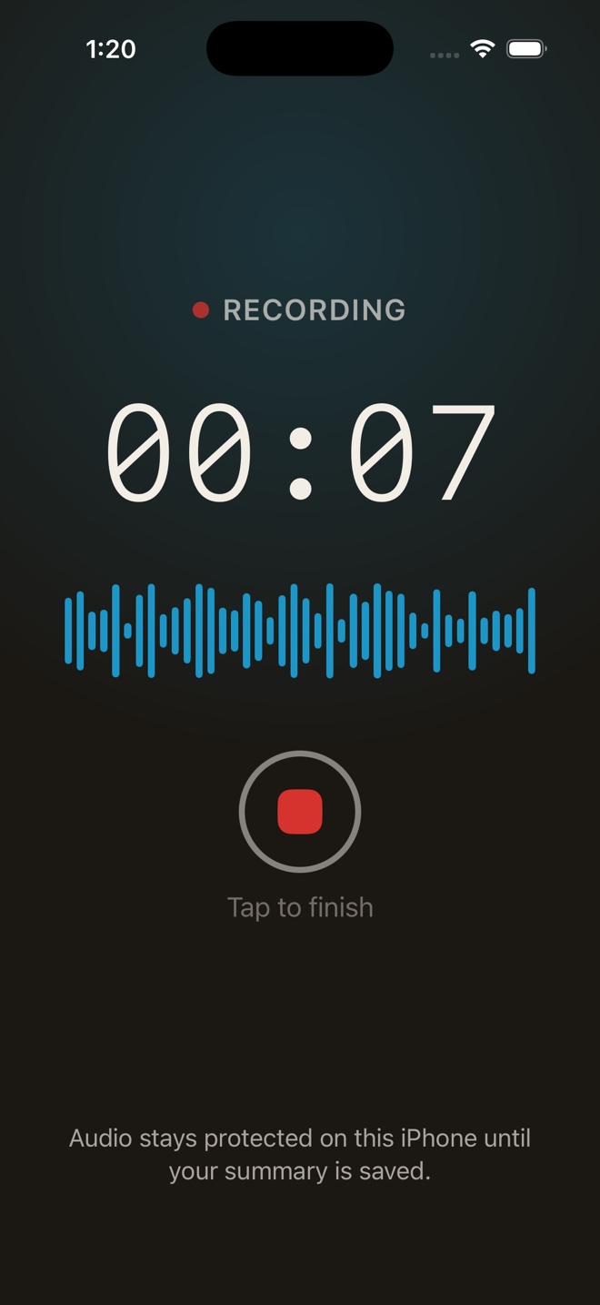 BastCare Build 51 recording screen with an elapsed timer, audio waveform, and finish button