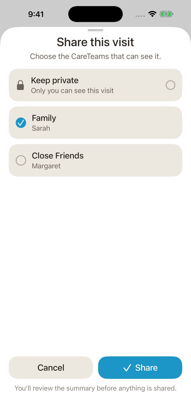 BastCare 1.0.9 sharing controls for choosing a CareTeam and what to share