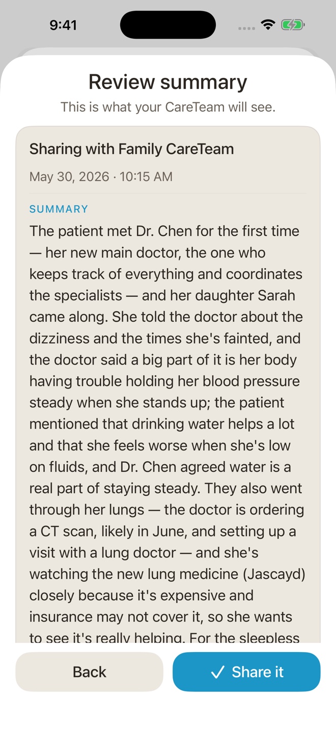 BastCare 1.0.9 share review showing exactly what a chosen CareTeam will receive