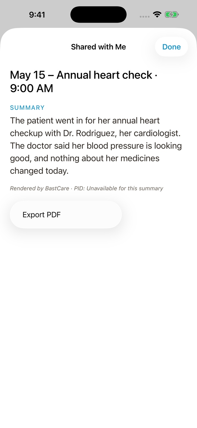 BastCare 1.0.9 Shared screen showing a fictional visit received through a CareTeam