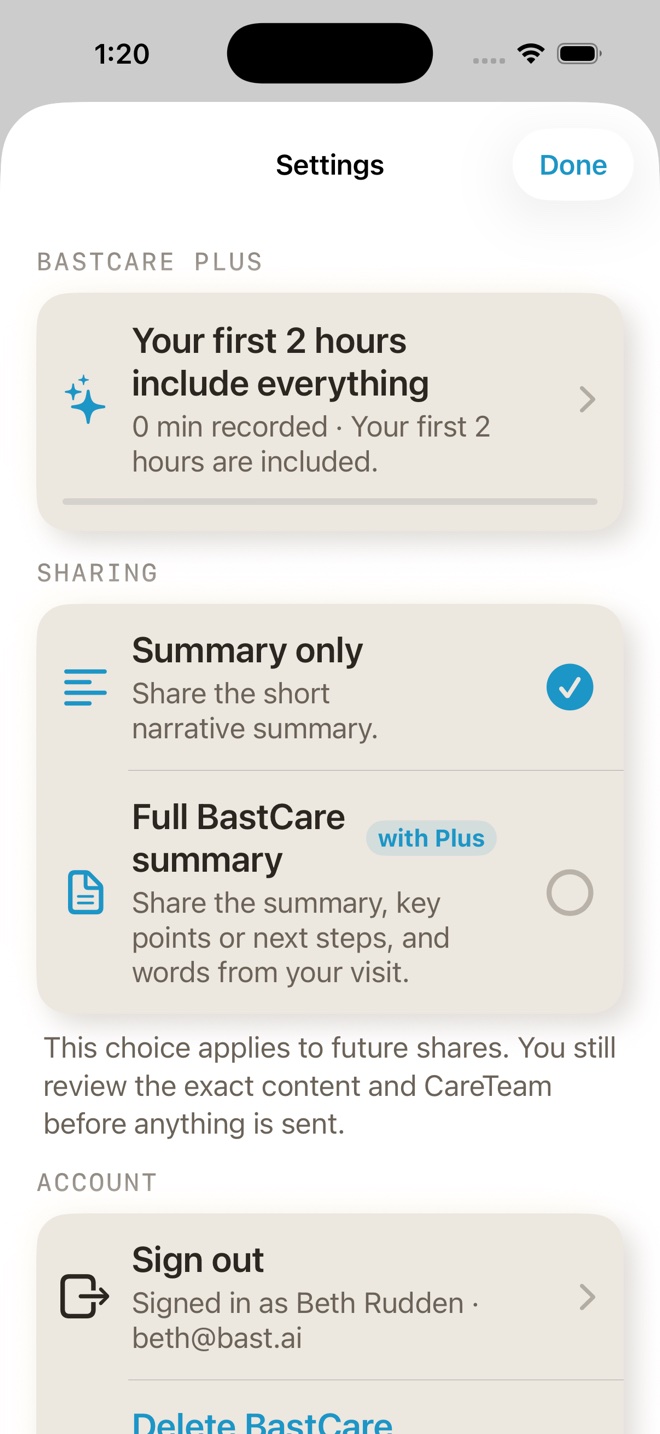 BastCare Build 51 sharing settings with Summary only and Full BastCare summary choices