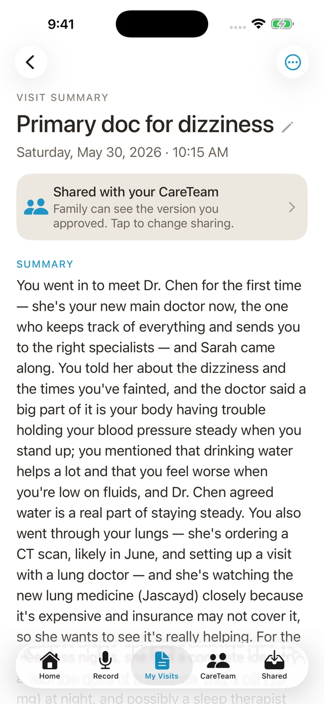 BastCare 1.0.9 visit summary showing the useful parts of a fictional medical visit