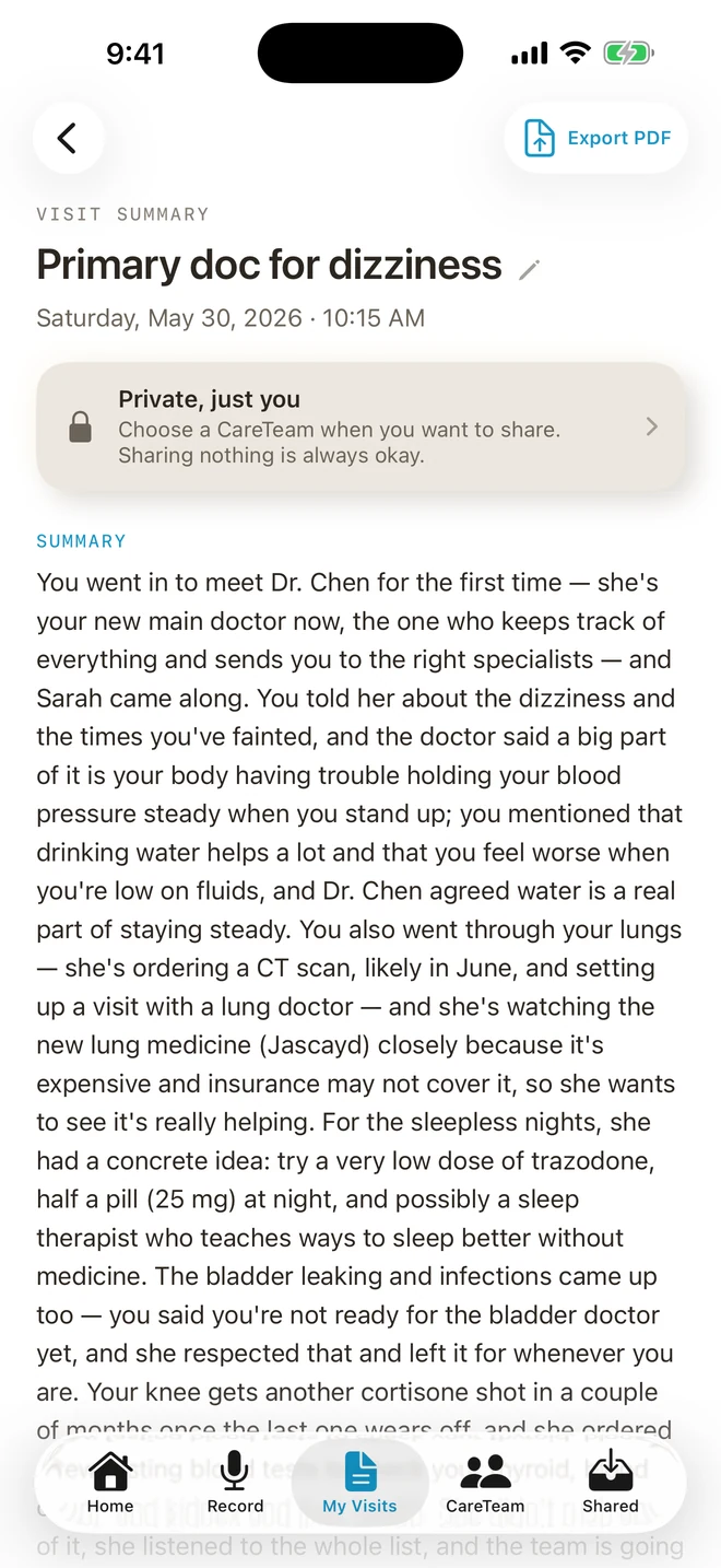 A private BastCare visit summary for a primary care appointment