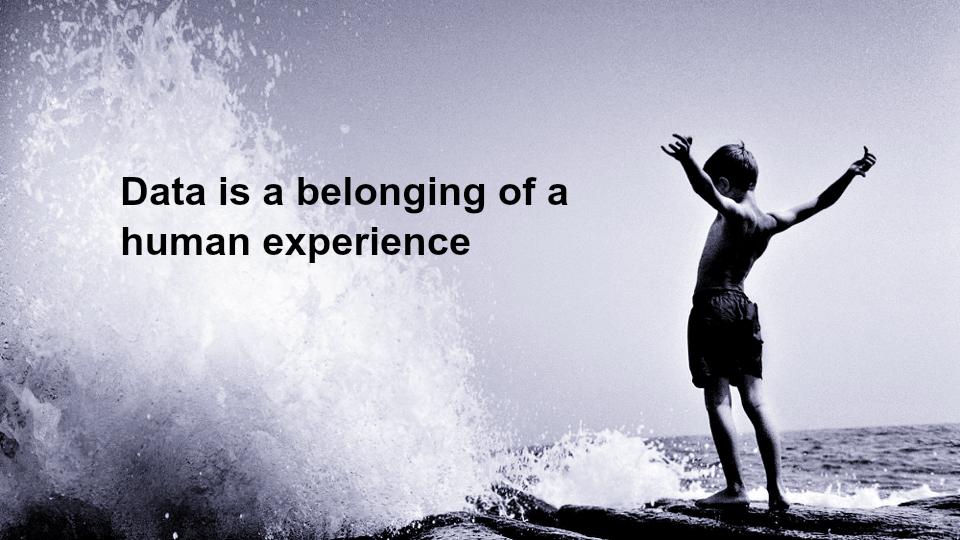 A child with arms raised beside an ocean wave. Text: Data is a belonging of a human experience.
