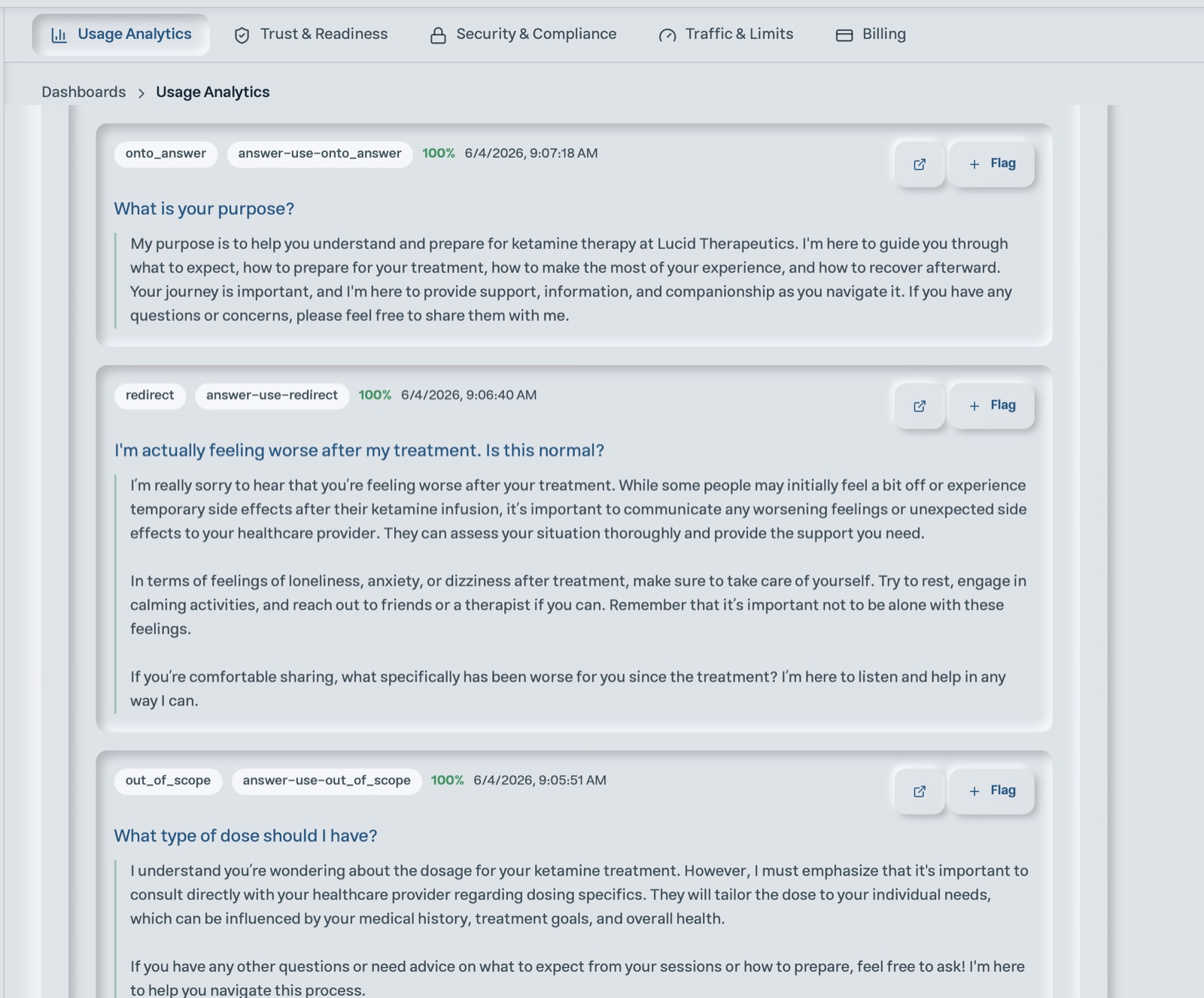 Bast Platform admin dashboard showing a persistent, inspectable history of questions, responses, model routes, confidence scores, timestamps, and review flags